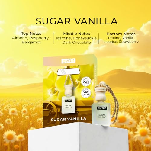 Image of Evair Sugar Vanilla Car Air Freshener | Hanging Car Perfume with Essential Oils | Long-Lasting Aroma in Glass Bottle with Wooden Diffuser Lid | 10ml Hanging Car Scent (Pack of 1)