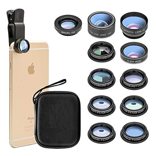 New fgzefort 11 in 1 Cell Phone Lens Kit Wide Angle Lens & Macro Lens+Fisheye Lens+Telephoto Lens+CPL/Flow/Radial/Star/Soft Filter+Kaleidoscope Lens Compatible for iPhone and Most of Smartphone