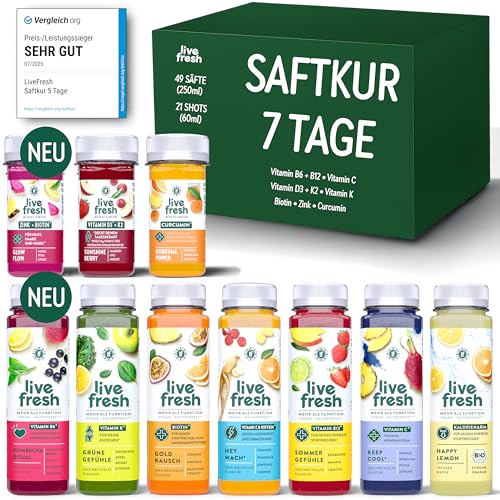 LiveFresh Saftkur 7 Tage – 49 Säfte (250ml) & 21 Shots (60ml) kaltgepresst¹ – 743 Kalorien pro Tag – Tipps zum nachhaltigen Abnehmen in der LiveFresh App