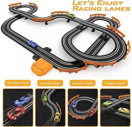 GORMERY Slot Car Race Track Sets for Boys Kids High-Speed Battery or Electric Race Car Track with 4 Cars, Dual Racing Game 2 Controllers Lap Counter Circular 2