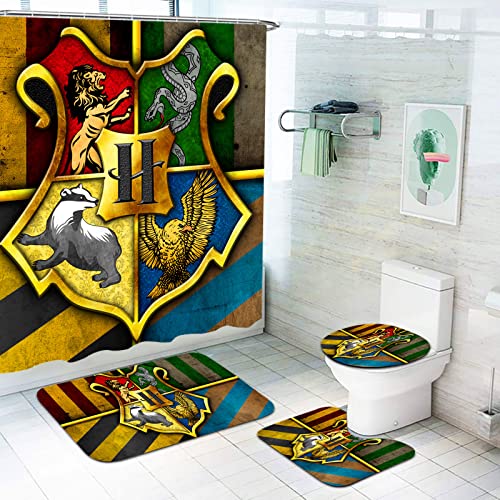 SMNVCKJ 4-teiliges Harry Poter Hogwarts Wasserdichtes Duschvorhang-Sets, Mit Fußmatten-Badunterlage, Toilettenunterlage…
