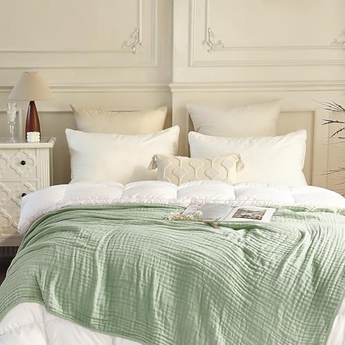 Image of SANACYNA Muslin Blankets for Adults 6-Layer Gauze 100% Cotton Green Bed Blanket Lightweight Soft and Breathable Blanket for Sofa Couch Bed Coverlet Keep Warm (Mint Green, Queen 90 inch X 90 inch)