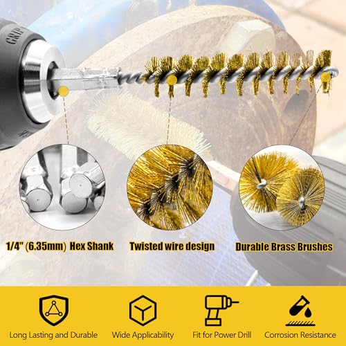 Image of 16-Piece Bore Brush Set - Brass Drill Wire Bore Cleaning Brushes - 1 /4 inch Hex Shank for Power Drills, Impact Drivers, Grinders (8 /10 /12 /15 /17 /19 /22 /25mm)