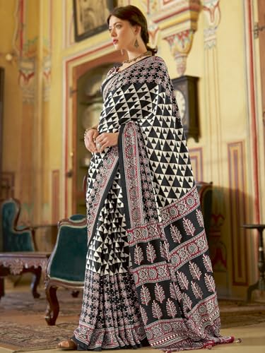 Image of SAREE MALL Women's Ajrkh Print Satin Crepe Polka Dot Printed Saree With Unstitched Blouse Piece