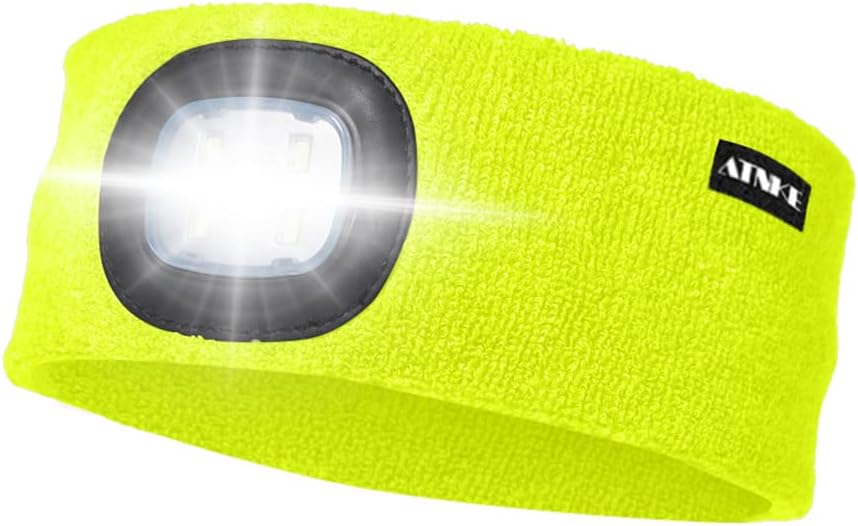 ATNKE LED Lighted Headband, USB Rechargeable Running Hat Ultra Bright 4 LED Waterproof Light Lamp Headlamp High Stretch Moisture Wicking Multi-Color