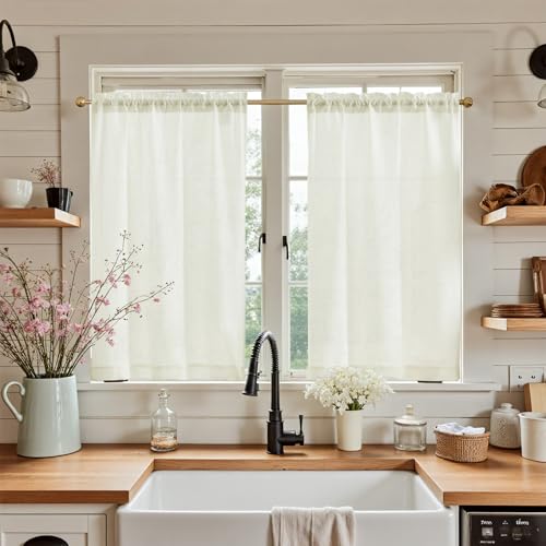 jinchan White Kitchen Curtains 24 Inch Length Textured Short Cafe Curtains Farmhouse Window Treatment Tiers for Bathroom Laundry Room Small Window Light Filtering Rod Pocket 2 Panels 26"W x
