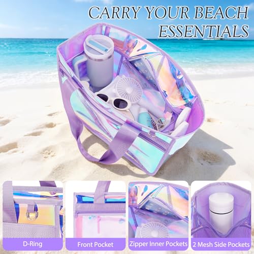 Image of Fammart Iridescent Clear Beach Bags Waterproof Sandproof for Women, Large Jelly Tote Zipper Pool Bag Cruise Essentials 2026