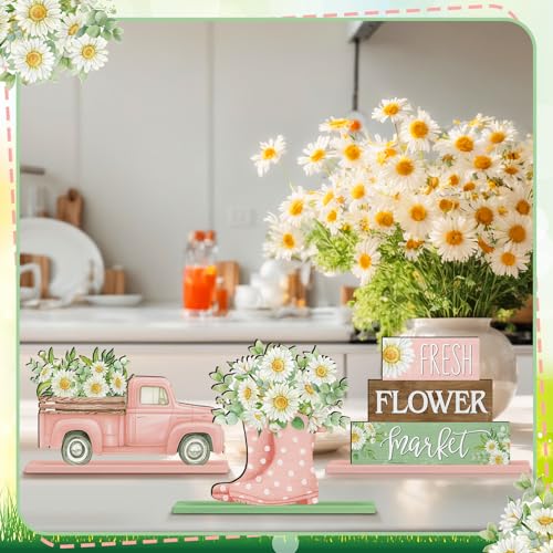 Image of Yuntau 6 Pcs Spring Daisy Table Decorations Spring Table Centerpiece Tiered Tray Decor Farmhouse Daisy Floral Gnome Wreath Tabletop Sign for Office Home Desk Shelf