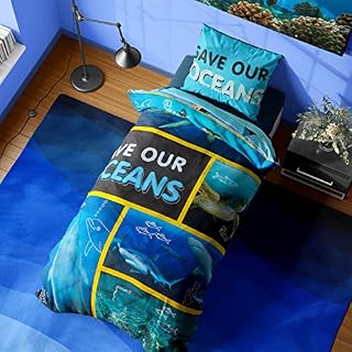 National Geographic Kids Bedding, Save Our Ocean Reversible Single & Double Duvet Cover Made From Recycled Plastic Bottles, Sea Life Animals Underwater Creatures Bed Set Includes Pillow Case (Single)