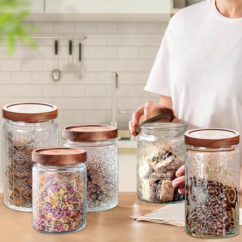 Image of Vintage Glass Jars with Wooden Lids, 2 Pack 24 oz Airtight Glass Food Storage Containers Sets for the Kitchen, Sugar Coffee Candy Spice Cookie Tea Pasta