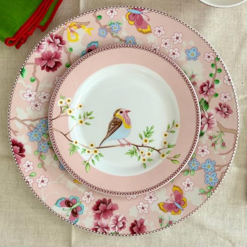 Image of GOLDEN QUEEN'S Handcrafted 12 Pieces Dinner Set | 4 Dinner Plates, 4 Small Bowls & 4 Snack Plates | Perfect for Hosting Guests and Daily Meals - Birdie in Pink Dinnerware