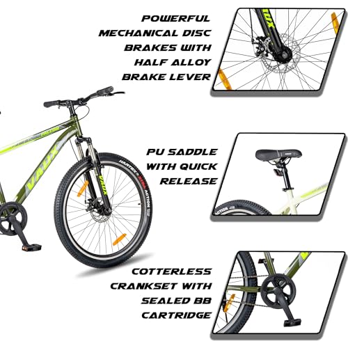 Image of Vaux Falcon MTB Cycle for Men 27.5T with Double Disc Brakes & Front Suspension, 27.5 inch Single Speed Mountain Bicycle for Adults with 17 inch Steel Frame, Double Alloy Rims & Nylon Tyres(Army-Green)