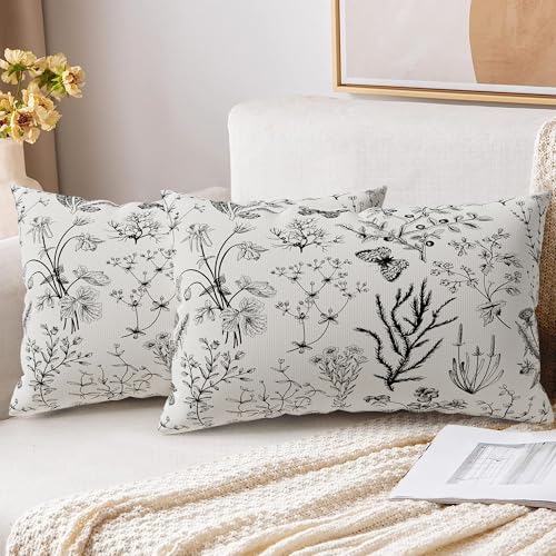 XPHZZL Cushion Covers Set of 2 Pack 30 x 50 cm Soft Sage Green Wild Flower Plant Pillow Covers for Sofa Bed Garden Outdoor Spring Decor Flower Plant with Invisible Zipper - Black/White