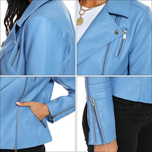 Fahsyee Women's Leather Jackets, Faux Motorcycle Plus Size Moto Biker Coat Short Lightweight Vegan Pleather Fashion, Blue, M #TOP4