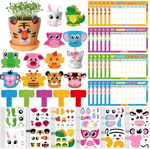 Capoda 24 Sets Garden Flower Pots Crafts Kit DIY Spring Plastic Seedling Nursery Pots with Stickers Plant Labels Growth Charts Planting Growing Tools Classroom Activities Project Gifts (Colorful)