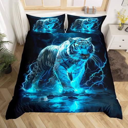 Tiger Printed Duvet Cover Set Toddler Size,Blue Lightning Bedding Set for Kids Boys Girls Room Decor,Tiger Lightning Comforter Cover,Wild Animals Quilt Cover with 1 Pillowcase(No Comforter)