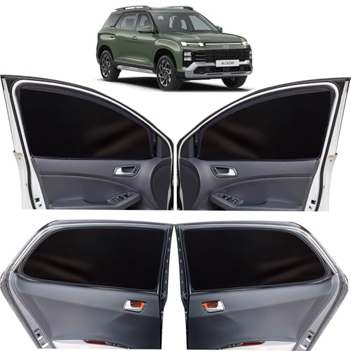 Image of OTO2EYE Car Sun Shade Compatible for Hyundai Alcazar Model 2021, Z-Black Super Magnetic Grip, Front Window Zipper, Side Window Curtains, 6 Pieces Set