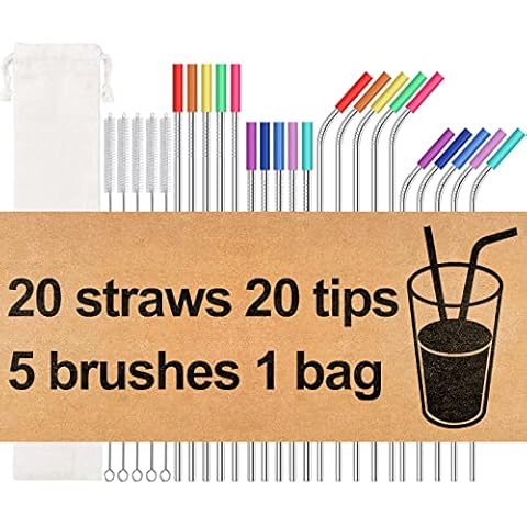 20 Pack Reusable Stainless Steel Metal Straws,10.5" & 8.5" Reusable Drinking Straws with 20 Silicone Tips 5 Straw Brushes 1 Travel Case,Eco Friendly Extra Long Metal Straw Fit for 20 24 30 oz Tumbler Cover