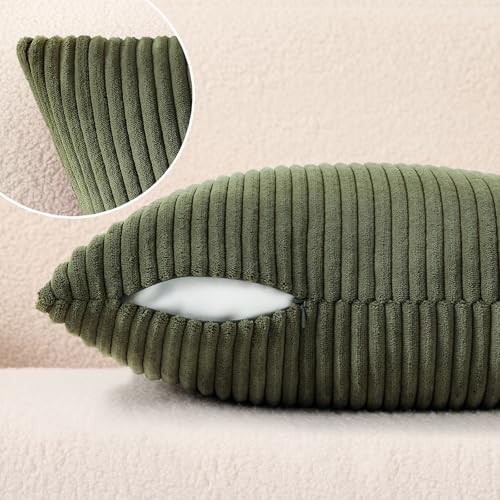 Image of Mecatny Corduroy Fall Decorative Throw Pillow Covers 24x24 Set of 2 for Sofa Living Room, Soft Neutral Boho Couch Pillow Covers for Home Decor, Olive Green
