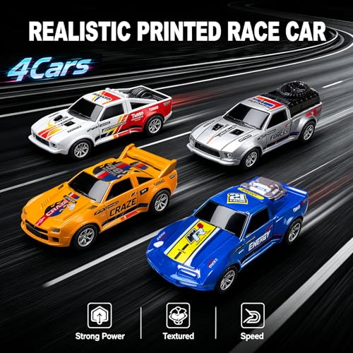 Image of Slot Car Race Track Sets with 4 High-Speed Racing Slot Cars Electric Dual Racing Game with 2 Controllers Circular Overpass Track Featuring Flash Bridge Pendulum Gifts Toys for Boys Kids Age 6 7 8-12