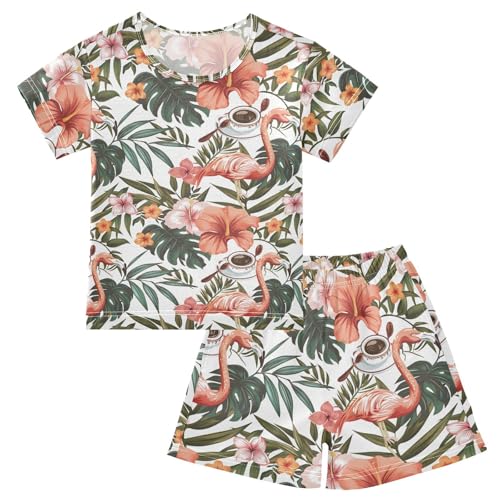 ALAZA Tropical Flamingo Palm Leaves Retro Pajamas Short Sleeve 2 Piece Sleepwear Top and Bottom Pajama Set Unisex
