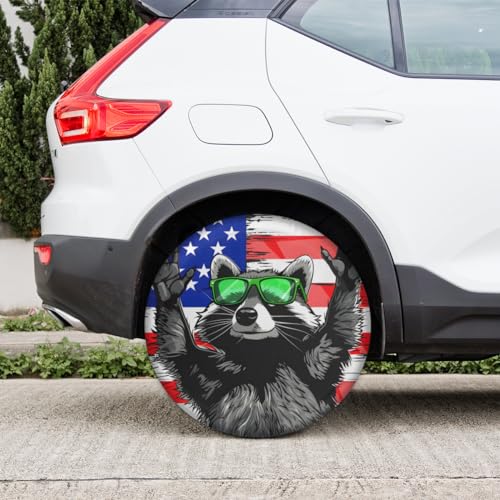 Image of Spare Tire Cover for RV Trailer, American Flag Raccoon Tire Covers Universal Fit for Travel Trailer Camper Jeep RV SUV Truck Waterproof Wheel Cover (14 inch for Diameter 25 inch - 27 inch)