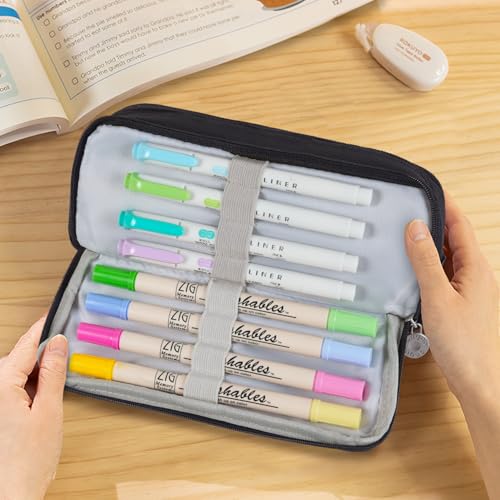 Image of MAMUNU Large Capacity Pencil Case, 3 Compartments Canvas Pencil Pouch with Zipper, Aesthetic Pencil Bag Pen Pouch for School Office Students Teen Girls Boys, Black