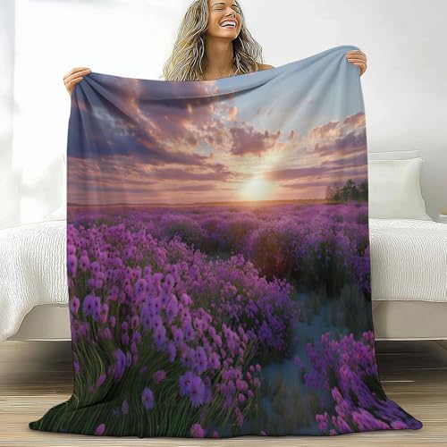 Manta Sofa Cama de Franela Esponjoso 180 x 200 cm Fotografía Campo De Lavanda Al Atardecer Manta Polar Microfibre, Púrpura Transpirable Cálida Suave y Acogedora Mantas de Regalo para Mujer y Infantil