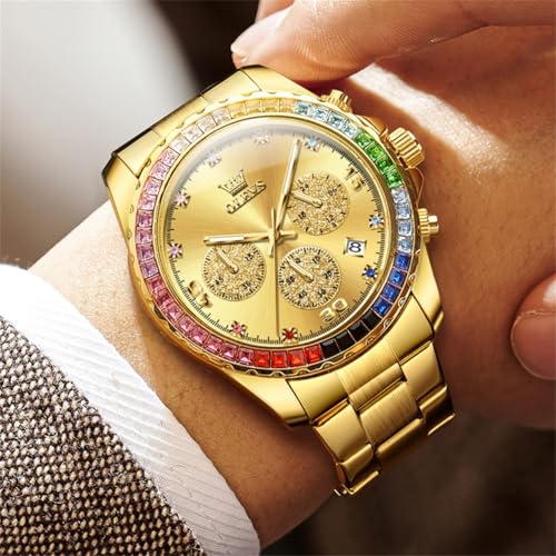 Image of OLEVS Watch for Men Luxury Gold Diamond Chronograph Business Wristwatch with Analog Quartz, Date Calendar, Stainless Steel Band, Luminous Hands, Waterproof