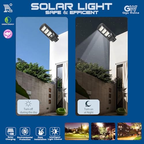 Image of Gigawatts 240 LED 90W Solar Street Light with Remote Control High Power 15Ah Battery Inbuilt 12W Solar Panel IP65 Water Resistant Outdoor Lamp for Wall Pathway Garden and Patio (1Pc, Cool White)