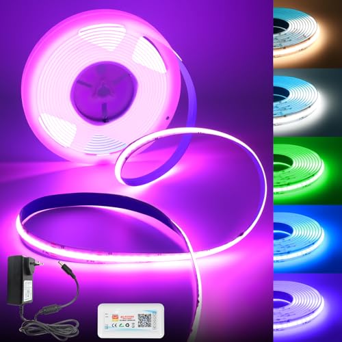 Arotelicht COB LED-strip RGB+WW/CW 5M 24V, RGB CCT LED-stripkit 840LEDs/M, 6-pins dimbare kerstverlichting met WIFI-controller en voeding veelkleurig IP20 voor keuken thuis DIY-decoratie