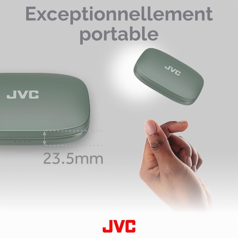 JVC Nearphones HA-NP50T-G True Wireless, Design Oreilles Libres, Ecoutez de la Musique sans Vous Couper du Monde, Légers, ANC pour Les appels, IPX4, 38 h d'autonomie, BT 5.3, Vert Sauge