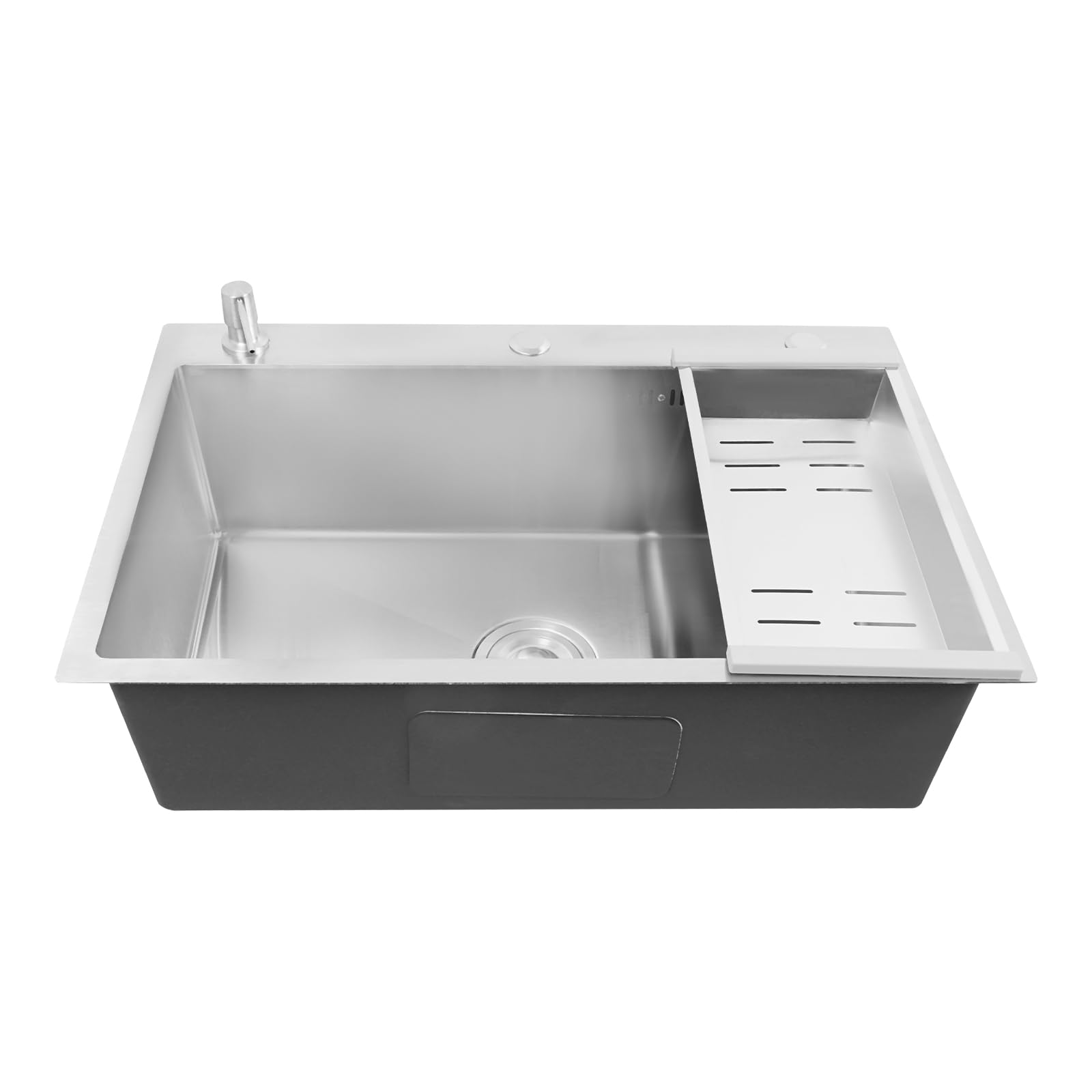 Einschalen Spülbecken Edelstahl +Seifenspender Abtropfkorb Küchenspüle 68 * 45CM mit Abtropffläche, Seifenspender, Unterbau - Silber