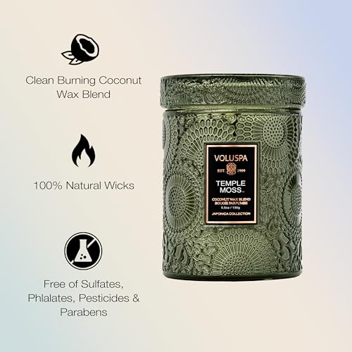 Image of Voluspa Temple Moss Glass Jar Candle, 5.5oz, Coconut Wax Blend, Scented Candles for Home, 50 Hour Burn Time, Handcrafted in the USA