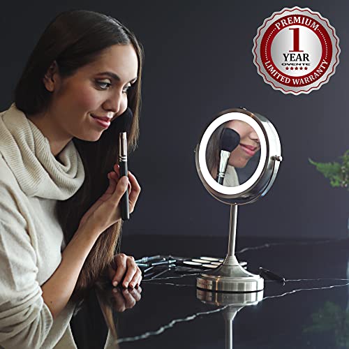 Image of OVENTE 7'' Lighted Tabletop Makeup Mirror, 1X & 7X Magnifier, Spinning Double Sided Round LED, Great for Vanity, Bath, & Bedroom, Battery Powered, Nickel Brushed MCT70BR1X7X (Pack of 2)