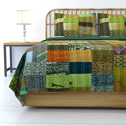 The Art Box Indian Silk Bedding King Kantha Quilt With 2 Pillow Covers Handmade Cotton Bedspread Throw, Vintage Stitch Gudri Bohemian Decorative Beach Blanket, Green #TOP22