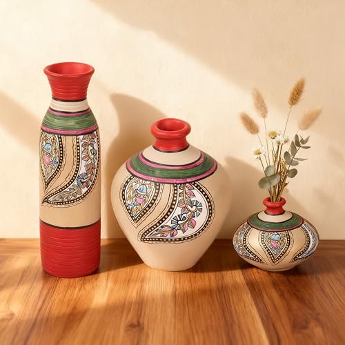 Image of Aakriti Art Creations Salina Vases Set of 3 | Hand-Painted Madhubani Art Terracotta Flower Vases | Multicolor Matte Finish Decorative Vases for Living Room, Table Decor & Gifting