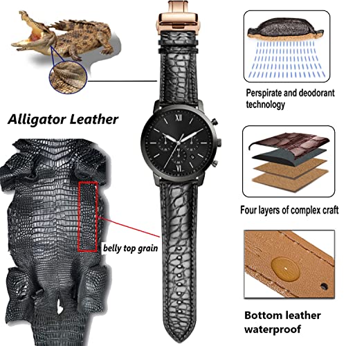 Image of Moran Genuine Leather Band Alligator and Cowhide Replacement Deployment Buckle Watch strap18mm to 24mm Crocodile Leather Strap for Men's and Women's