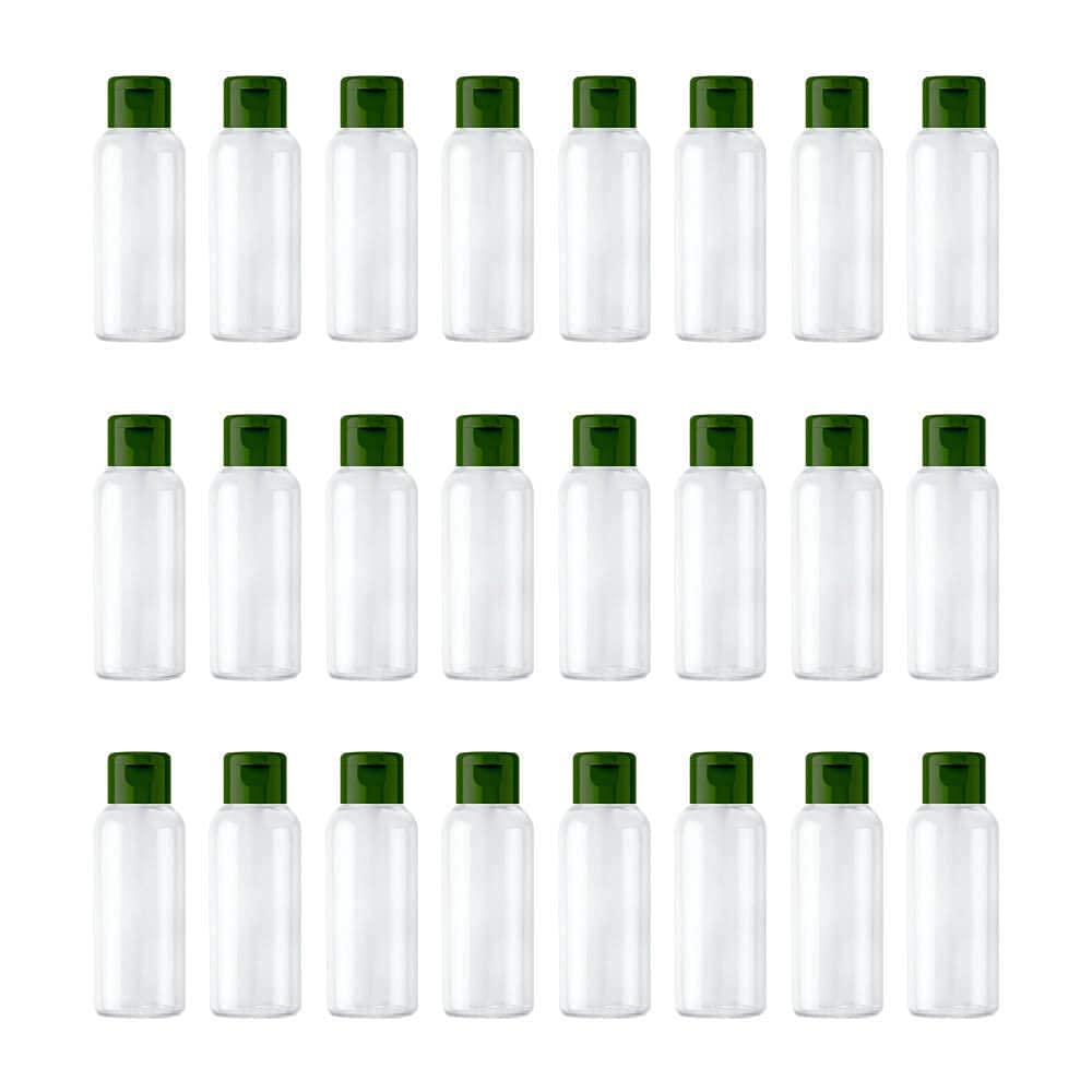 24pcs 50ml Empty Clear Plastic Bottles Refillable Travel Size Cosmetic Containers Small Leak Proof Squeeze Bottles with Green Flip Top Cap for Toiletries,Shampoo