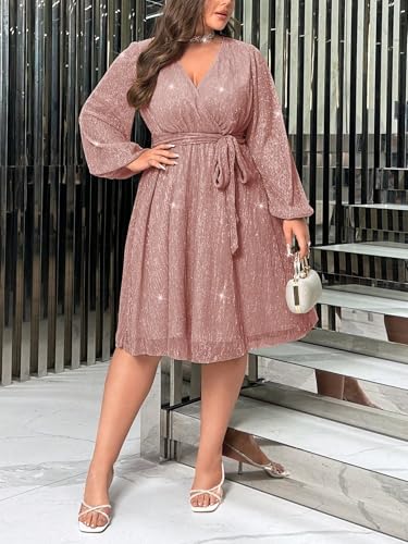 Image of RED DOT BOUTIQUE 876 - Plus Size Elegant Sheer Sleeve Dress with Waist Sparkle Chiffon Mesh Cocktail Dress