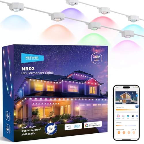 NEEWER 96ft Permanent Outdoor Lights para Decoración Hogar, Smart AI RGBCW Outside Eaves String Christmas Lighting con 60 Luces LED App Control 50+ Escena Impermeable IP65, Compatible con Alexa, NR02