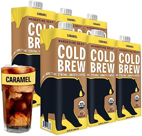 Wandering Bear Organic Caramel Cold Brew Coffee, 32 fl oz, 6 pack - Extra Strong, Smooth, Organic, Unsweetened, Shelf-Stable, and Ready to Drink Iced Coffee, Cold Brewed Coffee, Cold Coffee