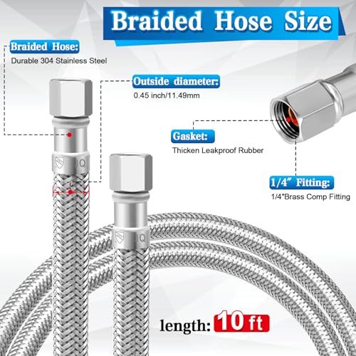 Refrigerator Water Line Kit, 10ft Stainless Steel Braided 1/4\" Fridge Water Line with No Lead Brass Tee Stop Valve、Wrench、Sealing Tape, Ice Maker Water Line Kit for Potable Water System