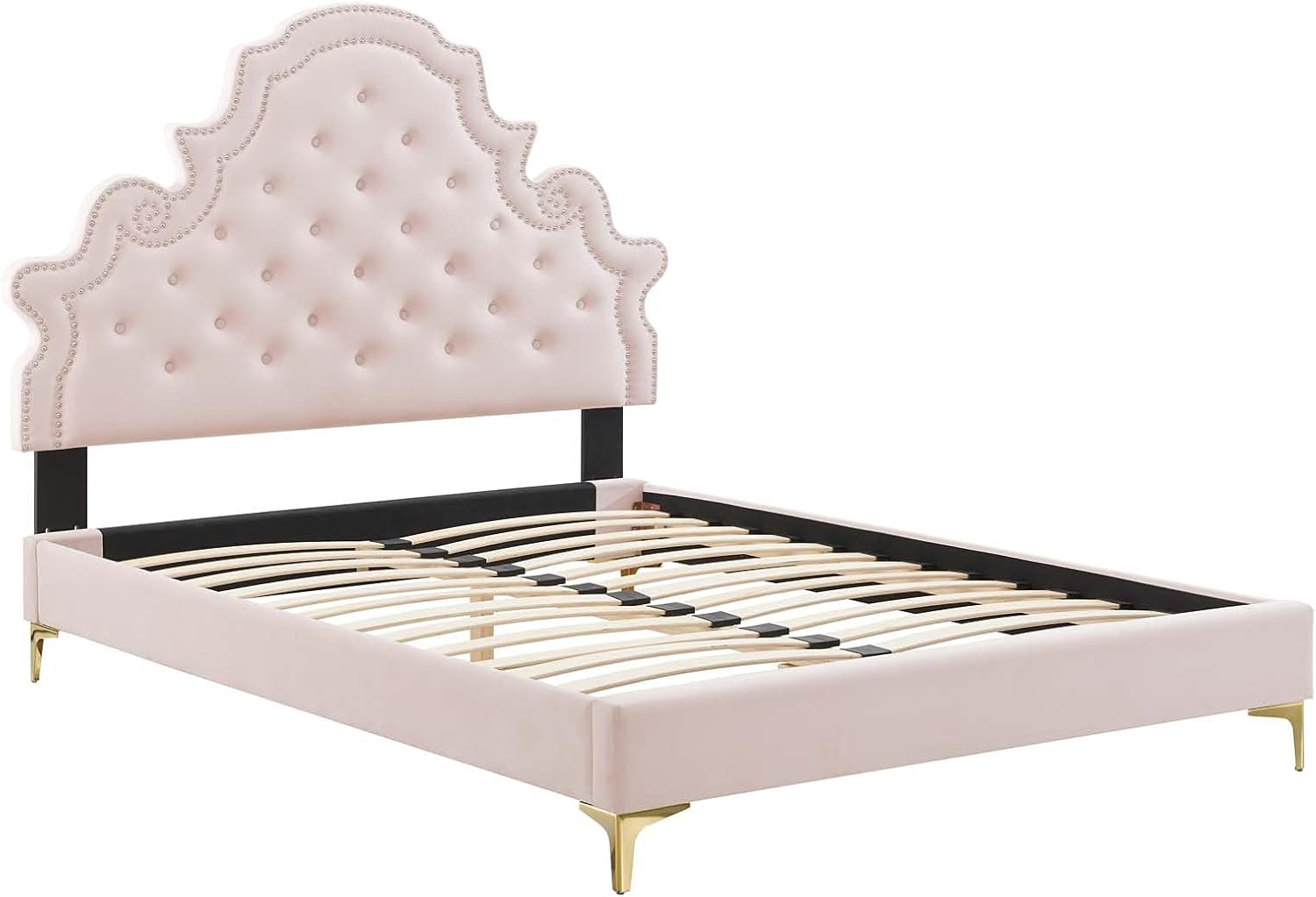 Modway Gwyneth Tufted Performance Velvet Full Platform Bed in Pink with Gold Metal Legs