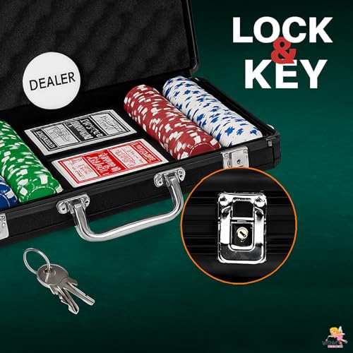 Image of WISHKEY Black Casino Style Poker Set, 300 Pcs Ceramic Printed Denomination Chips with Lockable Aluminum Finish Case 2 Decks of Cards 5 Dice 1 Dealer Button 2 Keys Classic Multiplayer Game, 14+ Years