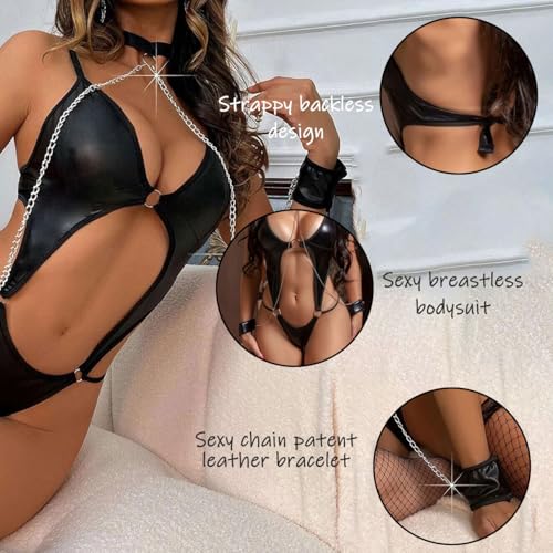 KONFEN Damen Sexy Leder Dessous Sets, Erotisches Babydoll Bodysuit mit Aushöhlen Offene Front, Teddy Hohe Taille Dessous Kostüm mit Armband Kette, Schwarz, Einheitsgröße