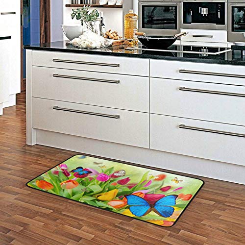 Spring Flowers Tulip Butterfly Kitchen Rugs Summer Floral Leaves Kitchen Mat Runner Rugs Non Slip Floor Door Mats Soft Doormat Carpet Home Decor 39 X 20 Inch #TOP1