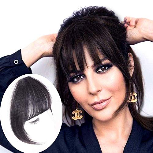 Clip-in Hair Bangs Human Hair Extensions Clip-on Thin Hair Fringe Extensions Flat Wispy Air Fringe with Temples for Women One-piece Natural Black