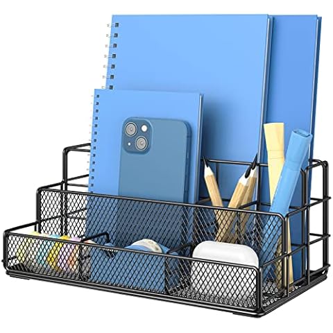 Desk Organiser Mesh Desk Tidy, MUDEELA Large Stationary Organiser with Pen Holder, Multifunctional Office Supplies Desk Accessories, Features 7 Compartments, Black Cover