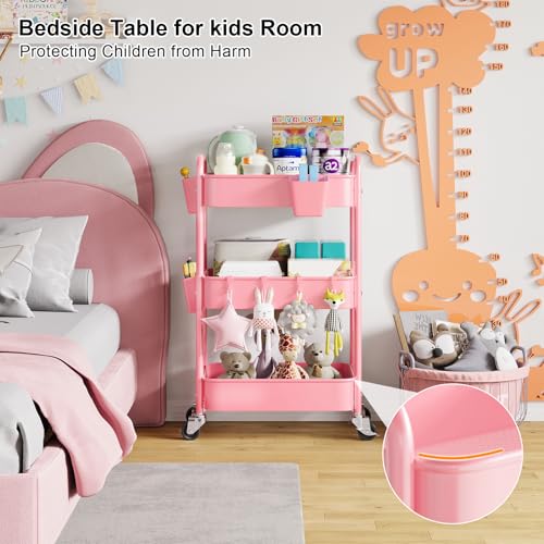 3 Tier Rolling Cart Metal with Lockable Wheels, Pink Three Tiered Diaper Caddy Cart Organizer on Wheels, Storage Utility Trolley Carts for Craft, Art, Nail, Lash, Baby Supplies, Cleaning, Mesh - Image 5